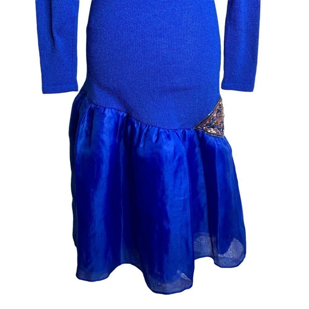 Vintage Donna Michele Dropped Waist Dress S Blue Knit Sequin Tulle Petti Skirt - Picture 3 of 10